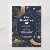 Midnight Blue Gold Celestial Wedding Einladung (Vorderseite)