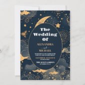 Midnight Blue Gold Celestial Wedding Einladung (Vorderseite)
