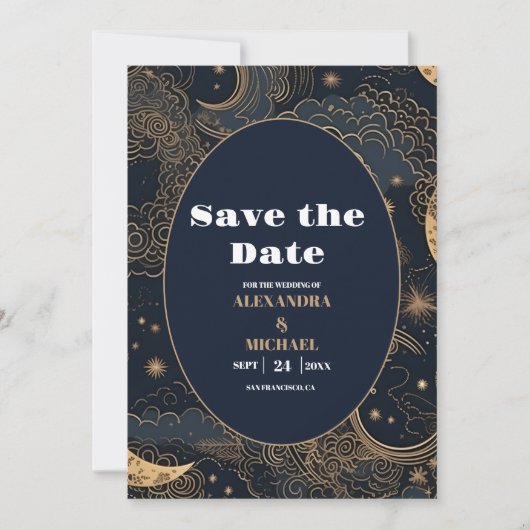 Midnight Blue Gold Celestial Wedding Save The Date (Vorderseite)