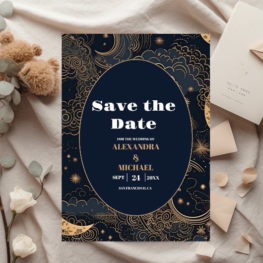 Midnight Blue Gold Celestial Wedding Save The Date