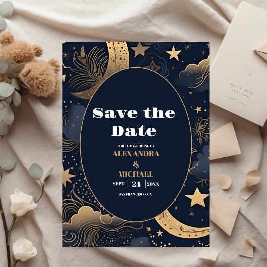 Midnight Blue Gold Celestial Wedding Save The Date