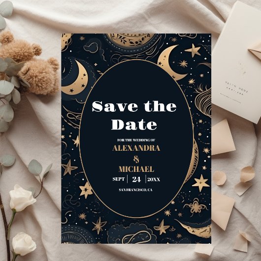 Midnight Blue Gold Celestial Wedding Save The Date