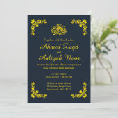 Midnight Blue & Gold Floral Nikah & Waleema Einladung (Stehend Vorderseite)