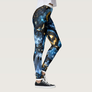 Midnight Blue Gold Ghosts & Pumpkins Halloween Leg Leggings