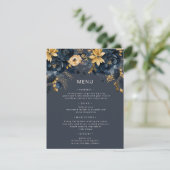 Midnight Blue Gold Luxe Floral Wedding Menu Card Einladung (Stehend Vorderseite)