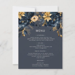 Midnight Blue Gold Luxe Floral Wedding Menu Card Einladung
