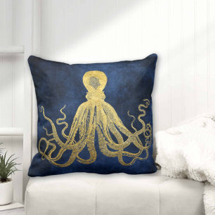 Midnight Blue Gold Oktopus Küsten Retro Nautical Kissen