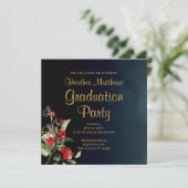 Midnight Blue Gold Red Floral Graduation Party Einladung (Stehend Vorderseite)