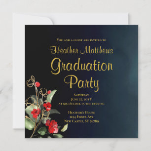 Midnight Blue Gold Red Floral Graduation Party Einladung