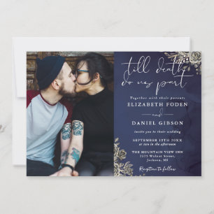 Midnight Blue Gothic Roses Florale Foto-Hochzeit Einladung