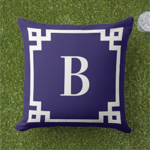 Midnight Blue Greece Key Border Monogram Kissen