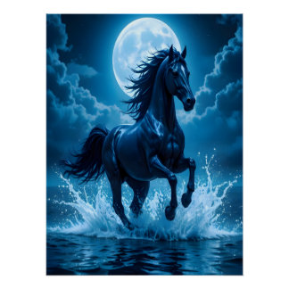 Midnight Blue Horse Moon Wall Art | Gift Decor Poster