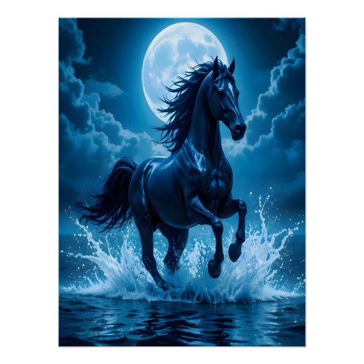 Midnight Blue Horse Moon Wall Art | Gift Decor Poster (Vorderseite)