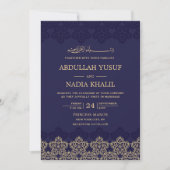 Midnight Blue Islamic Pattern Wedding Monogram Einladung (Vorderseite)