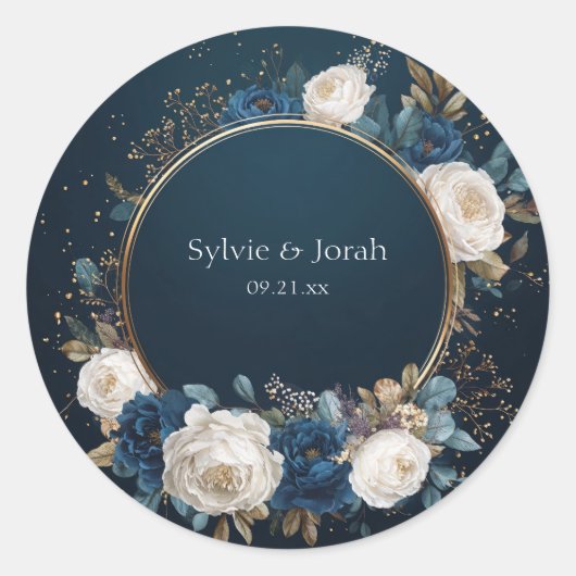 Midnight Blue & Ivory Rose Floral Wedding Sticker (Vorderseite)