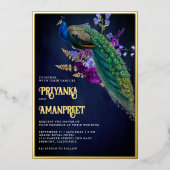 Midnight Blue Lila Floral Indian Peacock Wedding Folieneinladung (Vorderseite)
