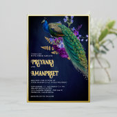 Midnight Blue Lila Floral Indian Peacock Wedding Folieneinladung (Stehend vorne)