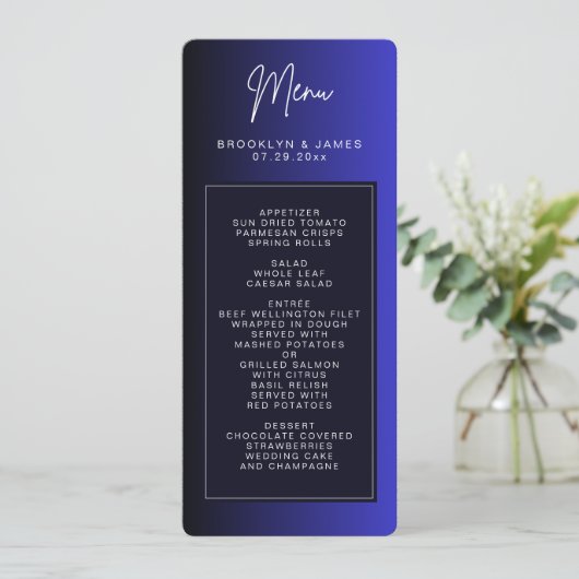 Midnight Blue Minimal Wedding Menu Cards Einladung (Stehend Vorderseite)