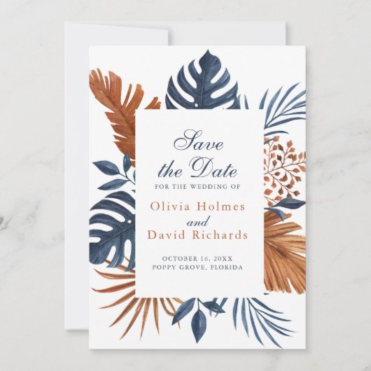 Midnight Blue Monstera Save the Date Card (Vorderseite)