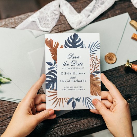 Midnight Blue Monstera Save the Date Card