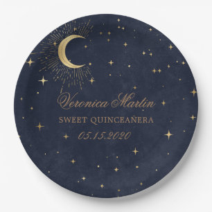 Midnight Blue Moon Stars Quinceanera Pappteller