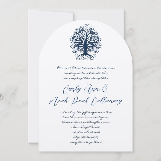 Midnight Blue Opulence Swirl Tree Wedding Einladung (Vorderseite)