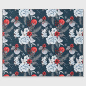 Midnight Blue Red Silver Grau Foliage Holiday Geschenkpapier (Flach)