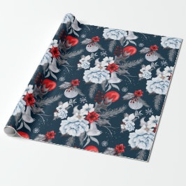 Midnight Blue Red Silver Grau Foliage Holiday Geschenkpapier