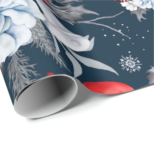 Midnight Blue Red Silver Grau Foliage Holiday Geschenkpapier (Rolleneckpunkt)
