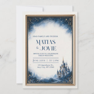 Midnight Blue Schloss Gold Star Rahmen Hochzeit Einladung