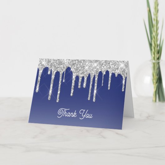 Midnight Blue Silber Glitter Drip Grafik Dankeskarte (Vorderseite)
