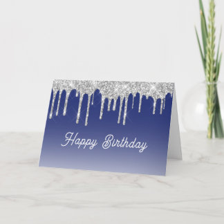 Midnight Blue Silver Glitter Drip Graphic Birthday Karte