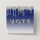 Midnight Blue Silver Glitter Drip Graphic Vote Button (Vorderseite)