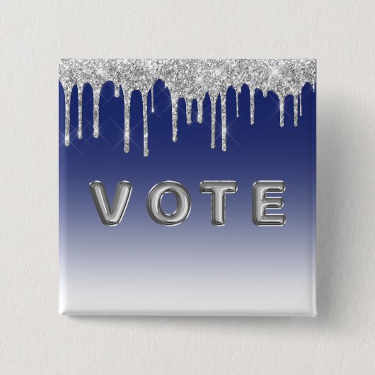 Midnight Blue Silver Glitter Drip Graphic Vote Button (Vorderseite)