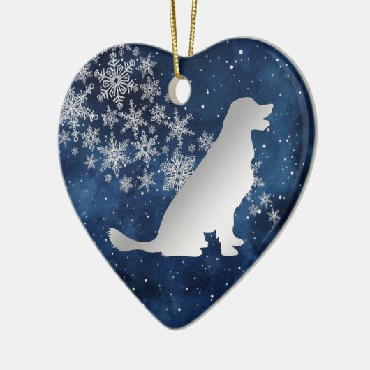 Midnight Blue Silver Snowflake Golden Retriever Keramik Ornament (Links)
