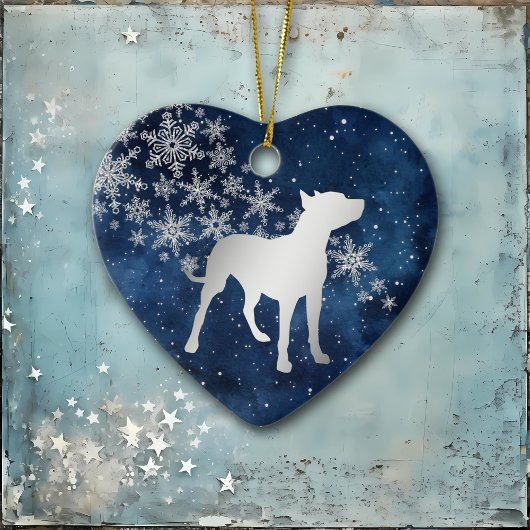 Midnight Blue Silver Snowflake Pitbull Dog Keramik Ornament
