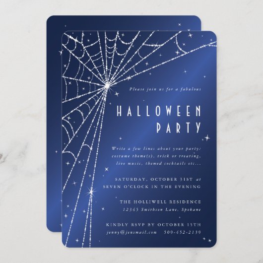 Midnight Blue Sparkling Spider Web Halloween-Party Einladung (Vorne/Hinten)