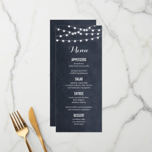 Midnight Blue String Lights Wedding Menu Card Menükarte (Vorderseite/Rückseite Beispiel)