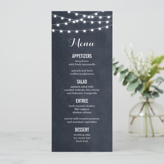 Midnight Blue String Lights Wedding Menu Card Menükarte (Stehend Vorderseite)