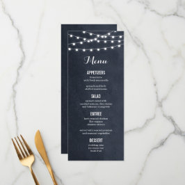Midnight Blue String Lights Wedding Menu Card Menükarte