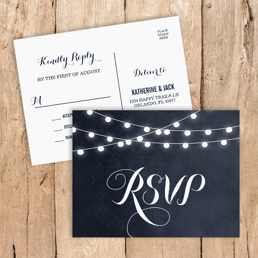 Midnight Blue String Lights Wedding RSVP Postcard Einladungspostkarte