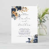 Midnight Blue und Gold Blume Wedding Einladung (Stehend Vorderseite)