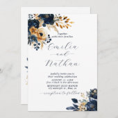 Midnight Blue und Gold Blume Wedding Einladung (Vorne/Hinten)