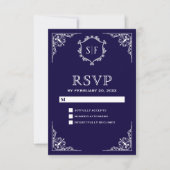 Midnight Blue Verziert Monogram UAWG RSVP Karte (Vorderseite)
