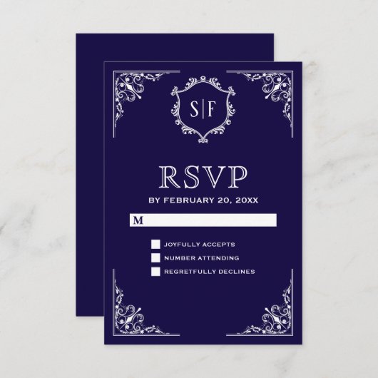 Midnight Blue Verziert Monogram UAWG RSVP Karte (Vorne/Hinten)