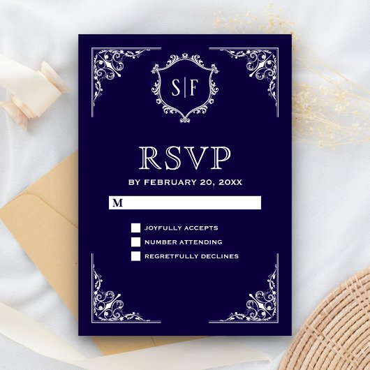 Midnight Blue Verziert Monogram UAWG RSVP Karte