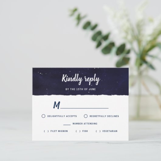 Midnight Blue Watercolor Galaxy Wedding RSVP Einladungspostkarte (Stehend Vorderseite)