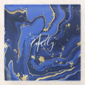 Midnight Blue White Agate Abstrakt Name Monogram Glasuntersetzer (Vorderseite)