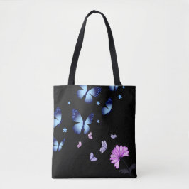 Midnight Butterfly Blue Floral Shoulder Tote Bag Tasche