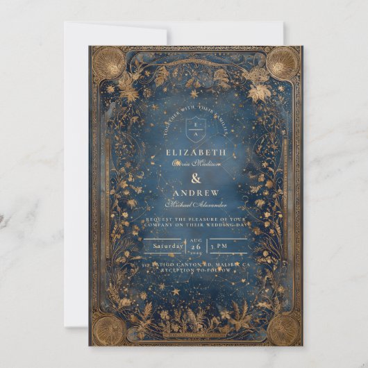 Midnight Celestial Baroque Wedding Einladung (Vorderseite)